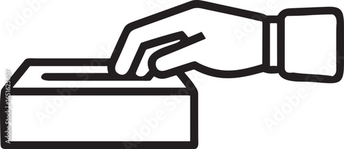 Black and white icon of a hand dropping a ballot into a box voting