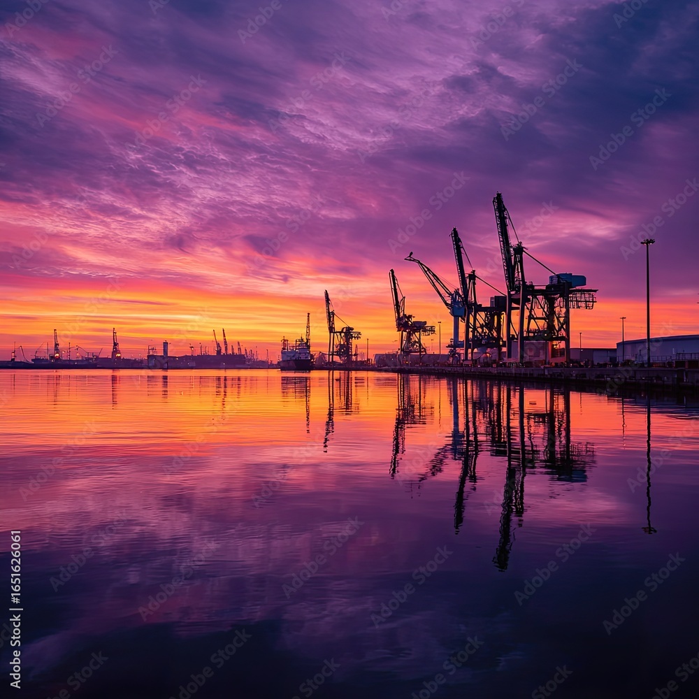 Obraz premium Vibrant sunrise paints the sky above a calm harbor, reflecting off the water; several industrial cranes stand silhouetted against the colorful sky