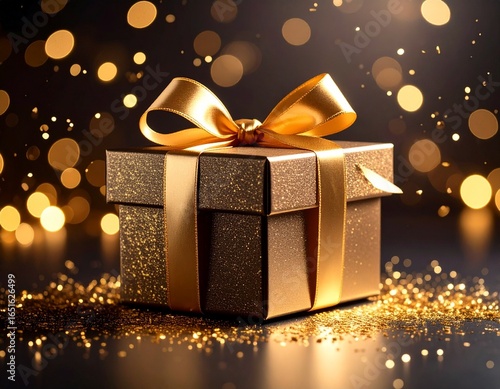 Luxury gift box with golden ribbon shining under spotlight on dark background, elegant premium present for celebration and special occasions