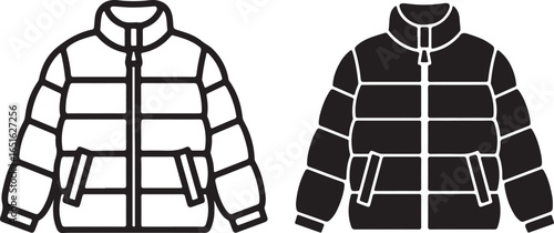 Vector puffer jacket icon: black and white, isolated background, simple symbol, clothing sign.