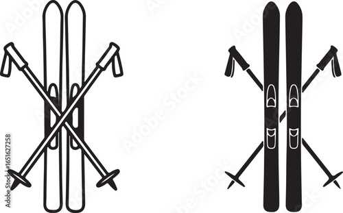 Vector Ski Icon:  Pair of Skis and Poles, Isolated Background, Simple Symbol, Black and White Sign.