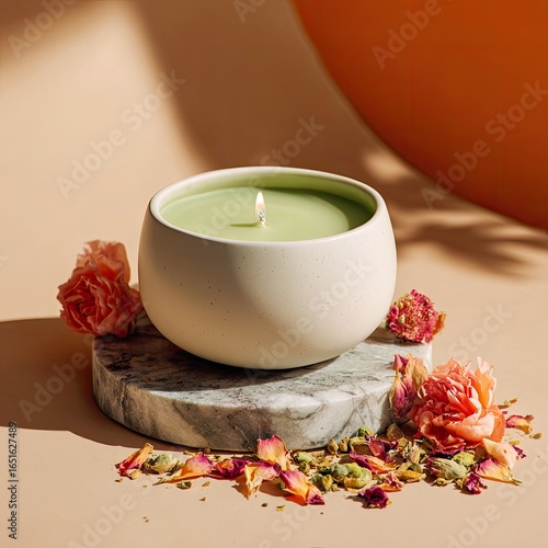 A pale green candle, burning brightly, sits in a wide, off-white ceramic bowl on a marble coaster, surrounded by dried rose petals against a warm background