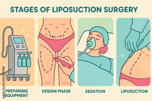 Stages of liposuction surgery from equipment preparation, design phase, sedation, and liposuction to post operative stage liposuction healthcare lineart