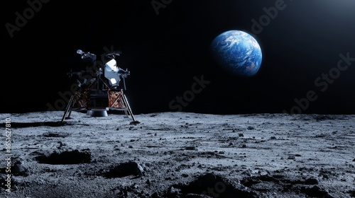 Futuristic moon lander on rocky lunar surface with Earth visible in dark sky, space exploration and lunar mission concept.
