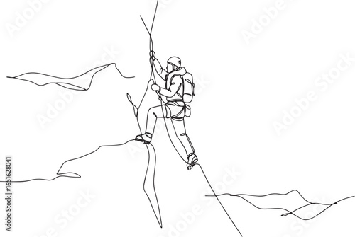 Continuous line drawing of a rock climber ascending a mountain f