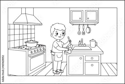 A charming line art of a young boy assisting with chores in a co