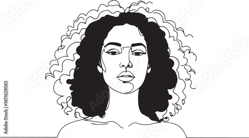 Minimalist line art portrait of a woman with voluminous curly ha