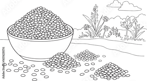 Black and white outline illustration featuring a bowl of chia se