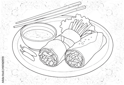 Detailed line art illustration of vietnamese spring rolls with d