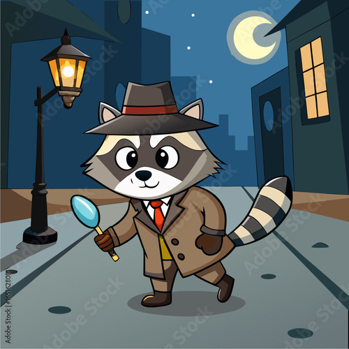 raccoon dressed as a detective with a magnifying glass