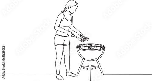 Minimalist woman grilling food illustration with a single line d