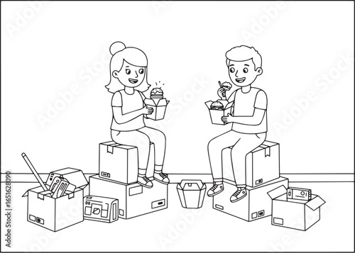 Line art illustration of a couple enjoying takeaway meals amidst