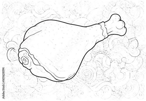 Detailed coloring page featuring a chicken thigh on an abstract