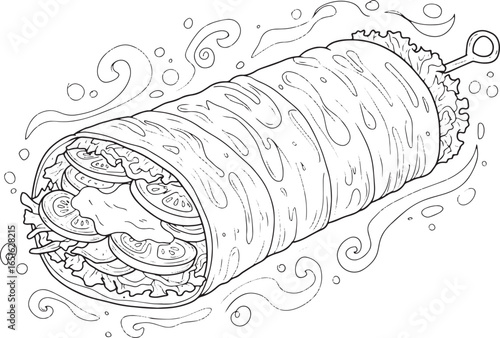 Detailed Line Art Depicting a Savory Turkish Doner Kebab Wrap De