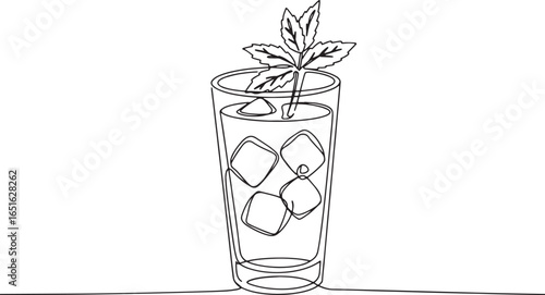 Elegant single line drawing of refreshing mint julep cocktail on