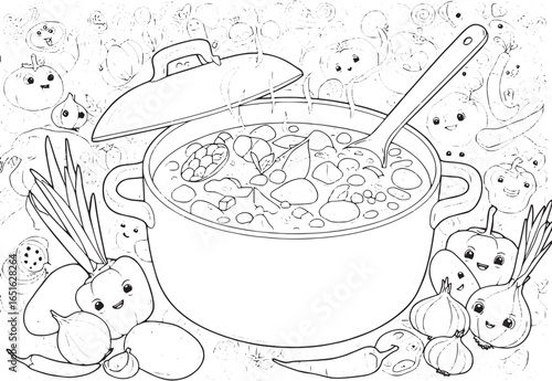 Cheerful culinary doodle of vegetable stew in a pot with cartoon