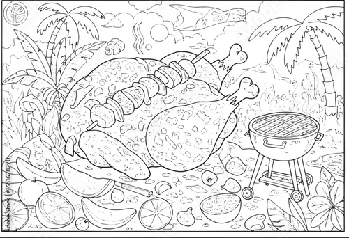 Intricate coloring page of a tropical feast with jerk chicken an