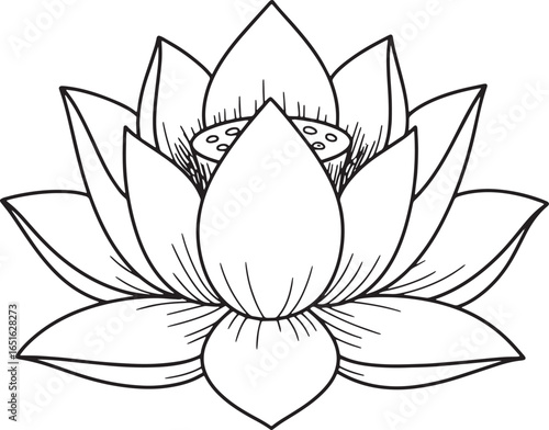 Elegant depiction of a lotus flower in black and white line art