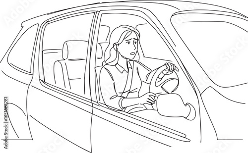Concerned woman driving car with worried expression depicted in