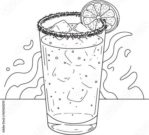 Hand drawn line art of a Michelada drink illustration with ice a