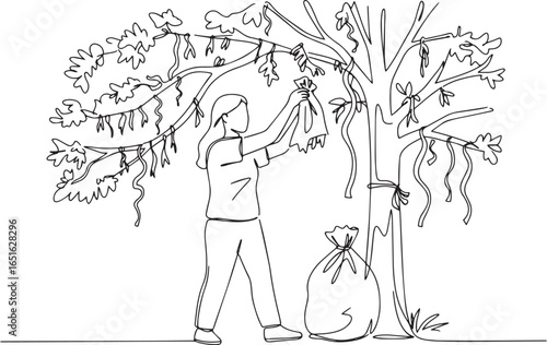 Single line drawing of a volunteer cleaning up a wish tree with