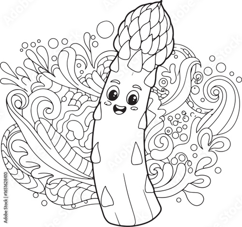 Whimsical asparagus character surrounded by decorative flourishe