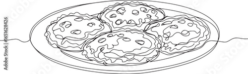 Monochrome minimalist line art of potato latkes on platter for H