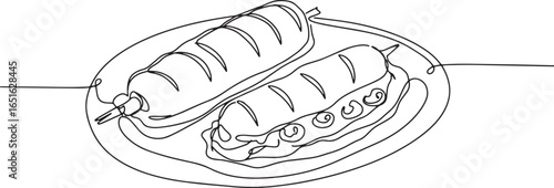 Continuous Line Drawing of Delicious Sandwiches on a Plate, Fres