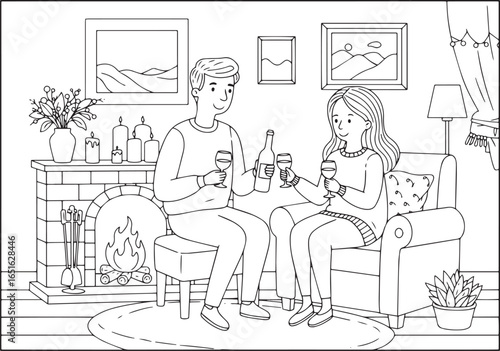 Cozy evening illustration of a couple enjoying wine by the firep