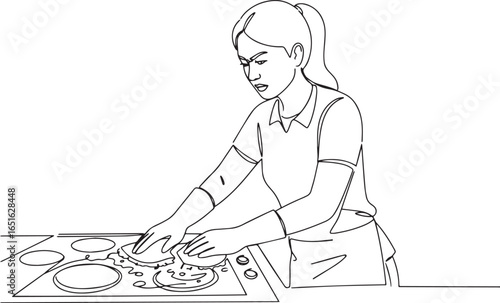 Continuous line illustration of a woman diligently scrubbing a s
