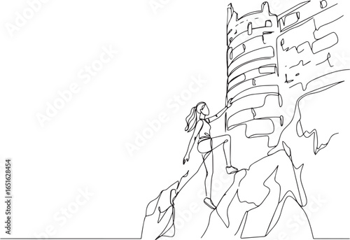 Continuous line drawing depicting woman scaling an architectural
