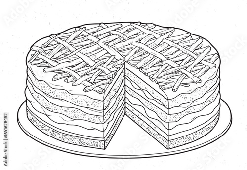 Elegant dobos torte illustration featuring intricate line work a