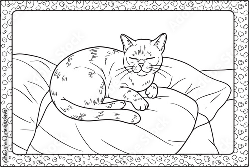 Relaxing Cat Sleeping on Pillows Coloring Page Black and White L