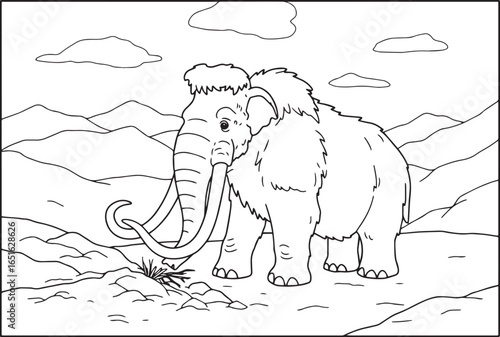 An Illustration of a Woolly Mammoth in a Landscape Scene for Col