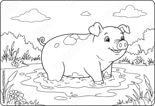 Delightful illustration of a happy pig enjoying a muddy puddle e