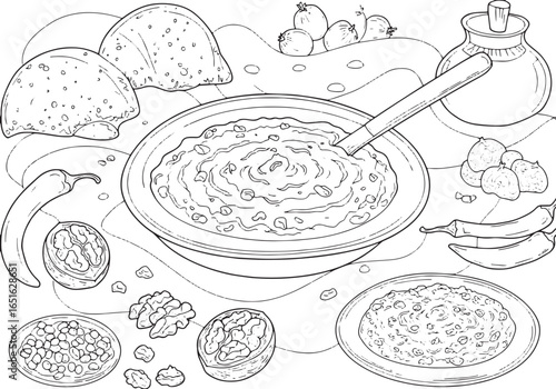 Syrian Muhammara dip sketch vector illustration for coloring boo