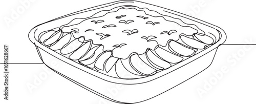 Monochrome sketch of homemade peach cobbler dessert in square ba