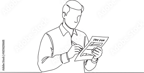 Continuous line drawing showcasing a man completing a form, symb