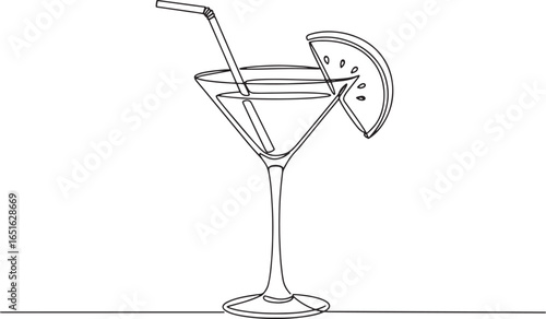 Elegant line art showcasing a watermelon martini cocktail glass
