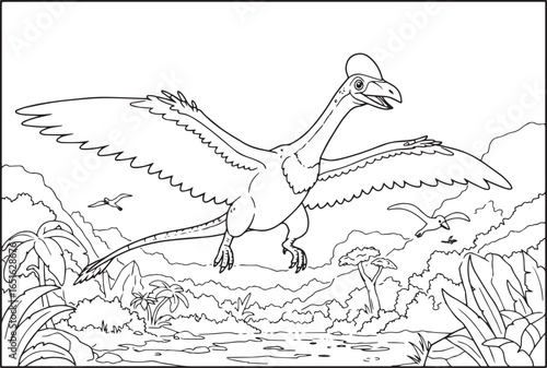 Illustration of a flying dinosaur in a prehistoric landscape col