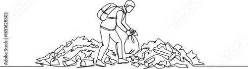 Single line drawing depicting person collecting garbage with gar