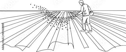 Line art illustration depicting a man sowing seeds in a field wi