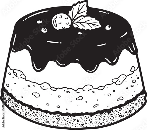 Whimsical chocoflan illustration with delightful chocolate glaze