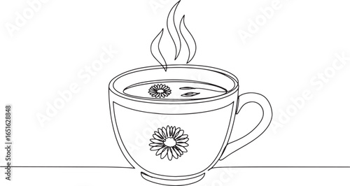 Elegant continuous line drawing of a cup of chamomile tea with s
