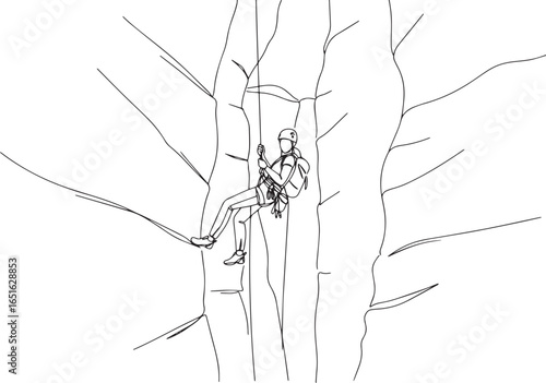 Single continuous line drawing of a woman rappelling down a clif
