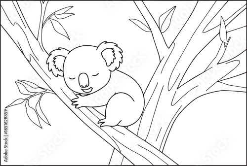 Peaceful slumber: An adorable koala dreams amidst eucalypt branc