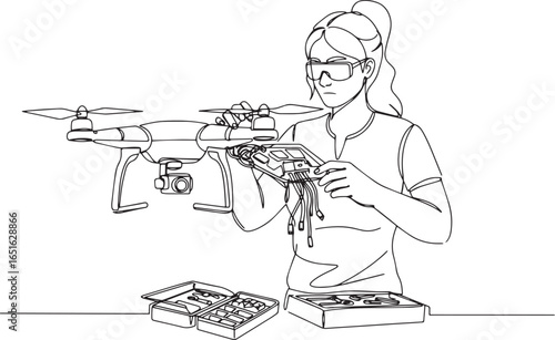 Continuous line drawing of a woman repairing a drone in a minima