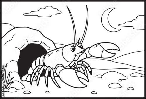Stylized lobster emerging from its den under the moonlight lands
