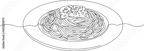 Elegant spaghetti carbonara dish with minimalist single continuo
