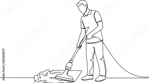 Continuous Line Drawing Illustrating a Man Cleaning with Vacuum